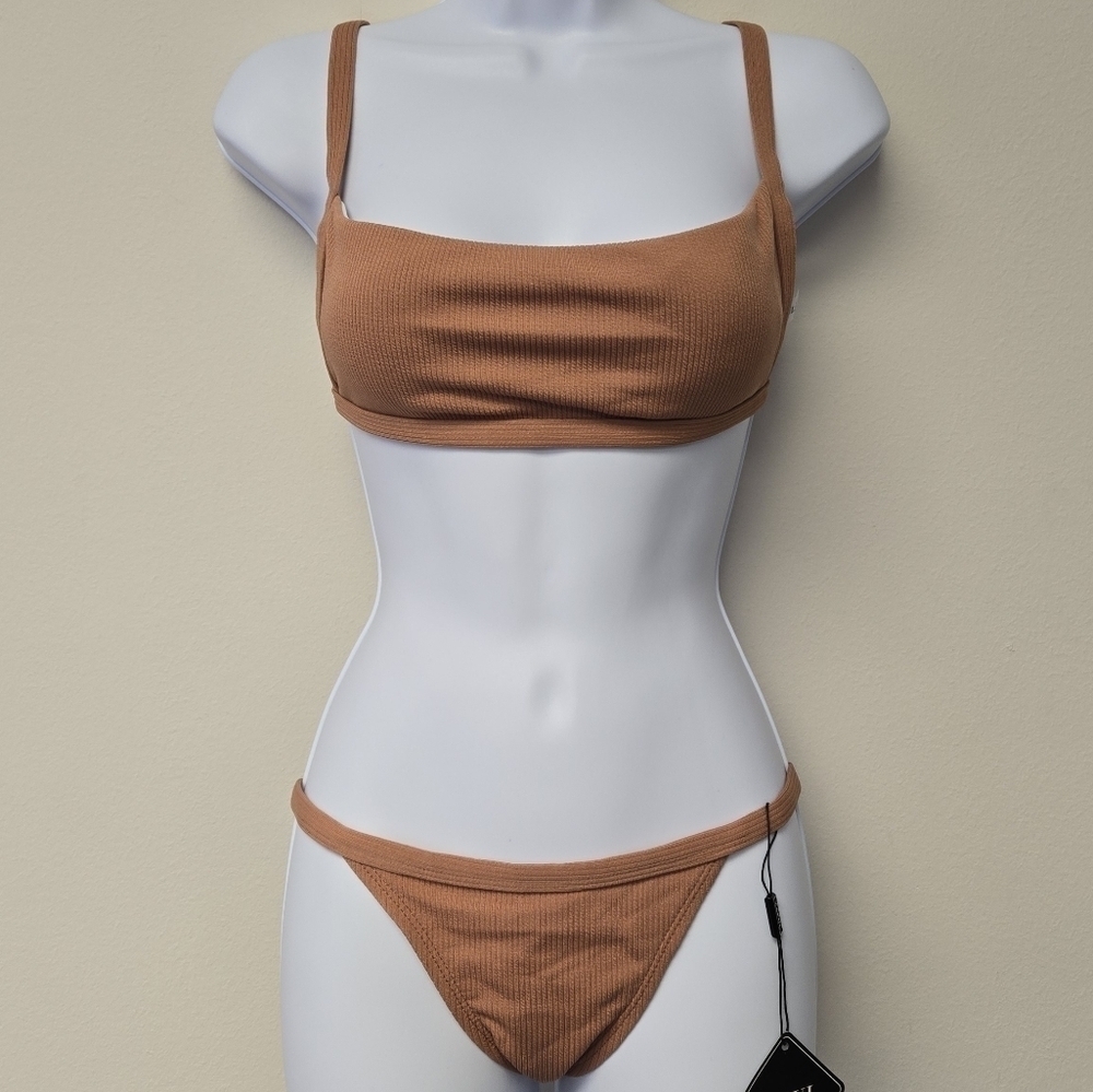 Zaful Bandeau 2 piece Ribbed Bikini Set Orange Salmon L